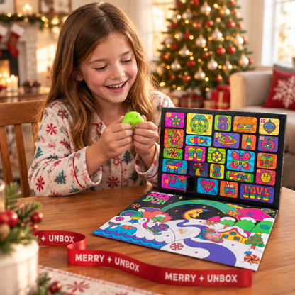 Girl squeezing a Teenie NeeDoh from the NeeDoh Advent Calendar 2026